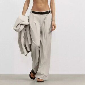 NWT ZARA DOUBLE PLEAT BELTED PANTS LIGHT GRAY